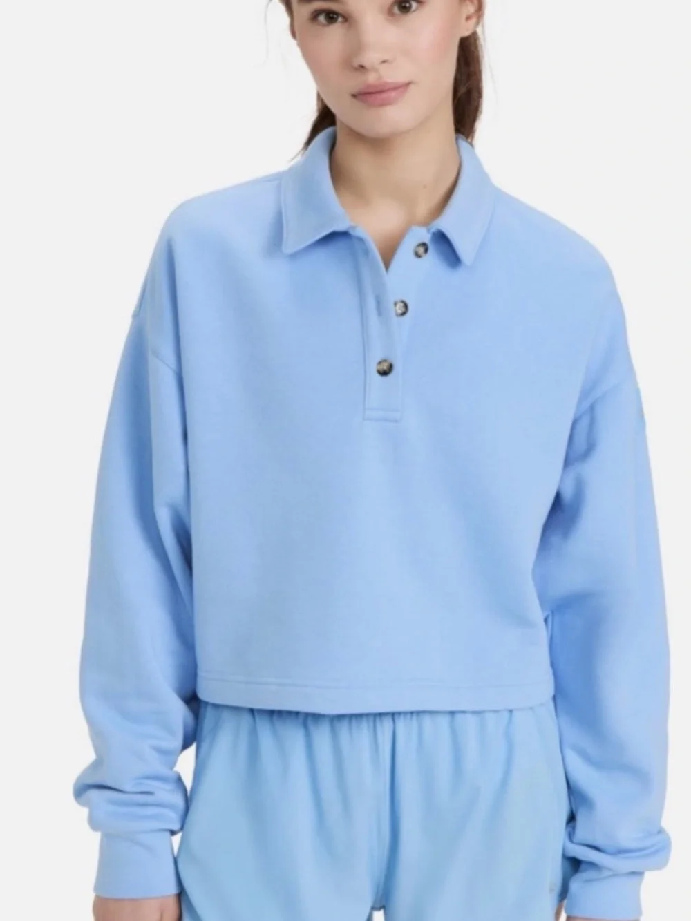 ALO Yoga Polo Henley Oversized Blue Cropped Pullover Sweatshirt XS